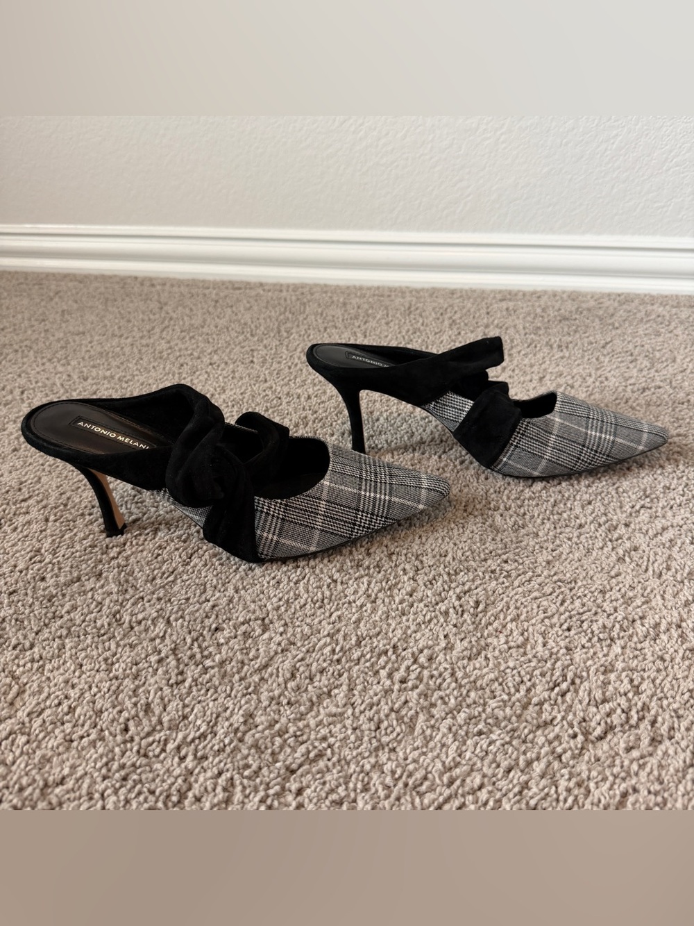 ANTONIO MELANI Black & Gray Plaid Pointed Mules with Wrap Ties